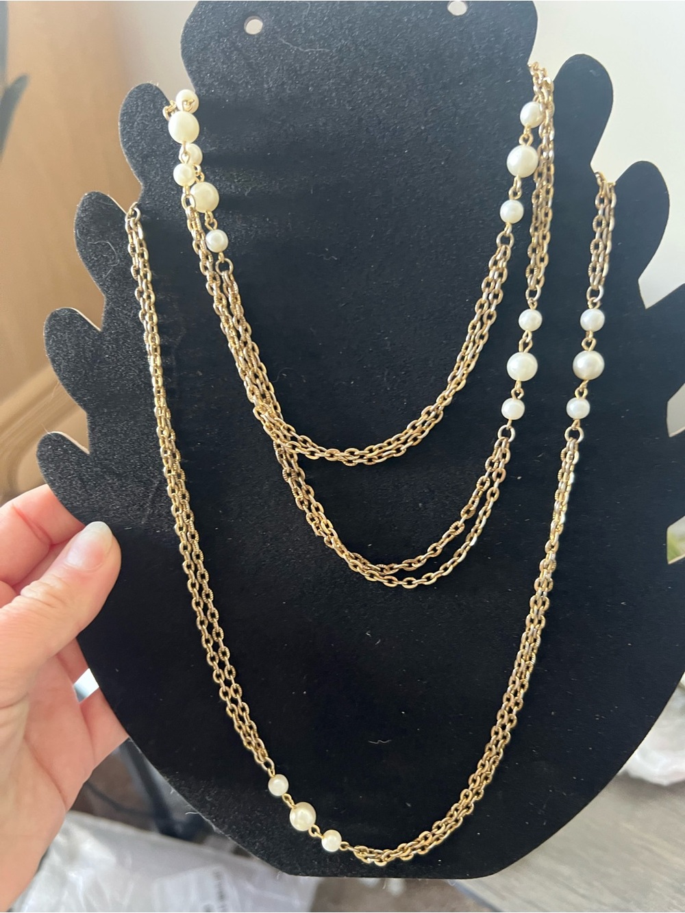 Vintage Estate 54” Gold Tone Multi Strand Pearl Accent Long Necklace